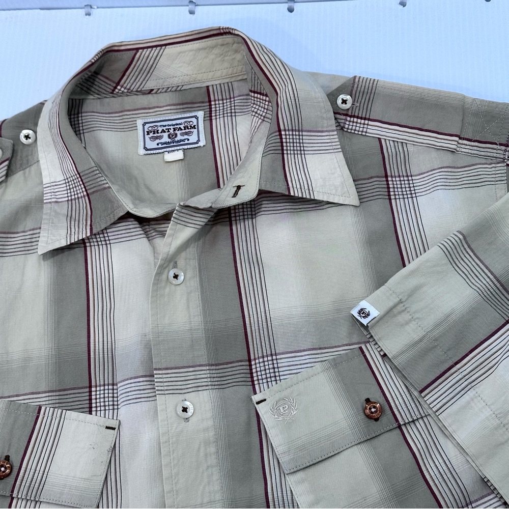 Phat Farm Shirt Mens L Plaid Safari Chest Pockets Epaulets Like New Vintage